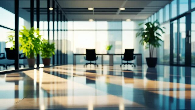 A bright, sunlit office showcases modern, open floor plan. Natural light streams through large windows, reflecting on polished floor. Potted plants add touch of nature to clean, professional setting.