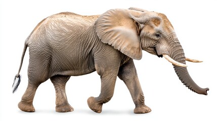 Fototapeta premium Adult African Elephant Walking, Profile View, White Background