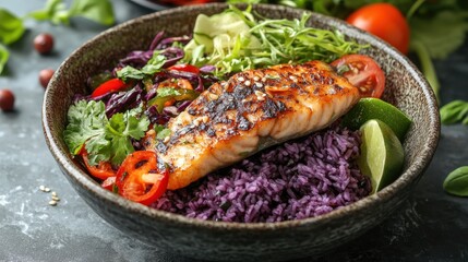 A vibrant bowl of grilled salmon paired with colorful vegetables and rice.
