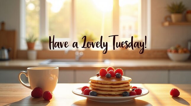 Delicious pancakes with berries and coffee in a bright kitchen , Thuesday