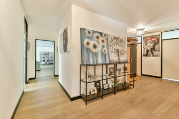 A contemporary hallway featuring stylish artwork on the walls and a unique shelf displaying decorative items, creating an inviting atmosphere.