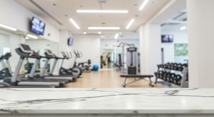 Modern Gym Fitness Center Interior - Empty marble counter in blurred modern gym background, showcasing fitness equipment and workout space. Ideal for product display