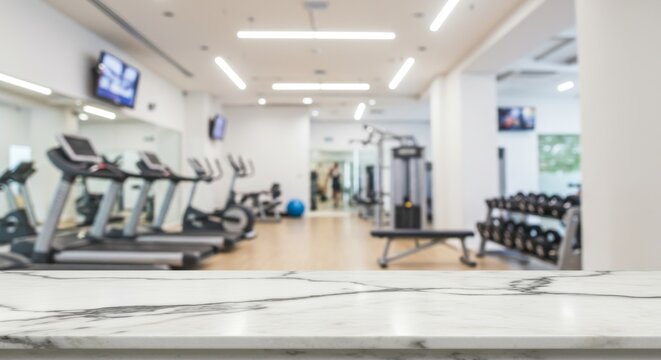Modern Gym Fitness Center Interior - Empty marble counter in blurred modern gym background, showcasing fitness equipment and workout space. Ideal for product display