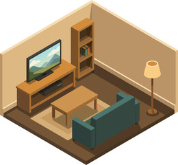 Isometric living room with TV and bookshelf