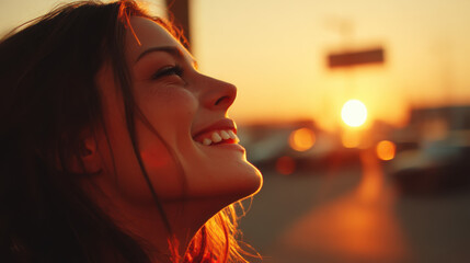 Smiling person enjoying a calm sunset with warm daylight glow in the background