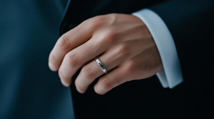 Elegant wedding ring on groom hand, showcasing love and commitment