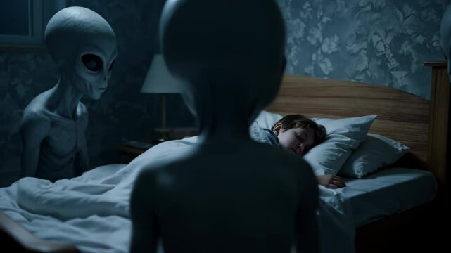Sleeping boy surrounded by aliens in dim bedroom, eerie sci-fi scene depicting mysterious extraterrestrial encounter and abduction themes. Perfect for horror, dreams, and space fantasy stories