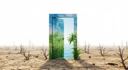 Mystical Door to a Green Future - A door in a desolate wasteland opens to reveal a lush paradise, symbolizing hope, renewal, environmentalism, and climate change solutions