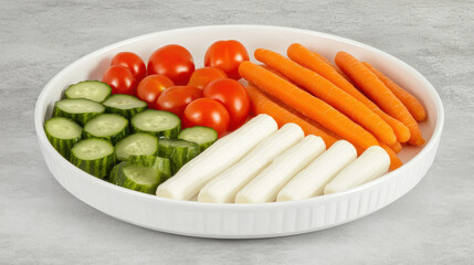 Fresh vegetables arranged on white plate, featuring vibrant tomatoes, cucumbers, and carrots, perfect for healthy snacking