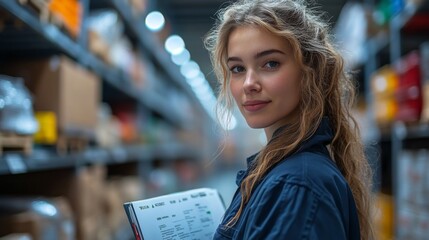 A logistics expert inspects inventory in a well organized warehouse, ensuring efficient transportation and fulfillment solutions. The environment reflects advanced automation and mobility measures.