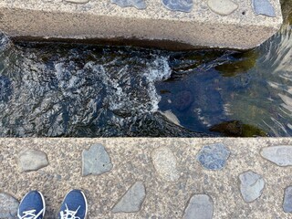 川を渡る石と川水の流れ