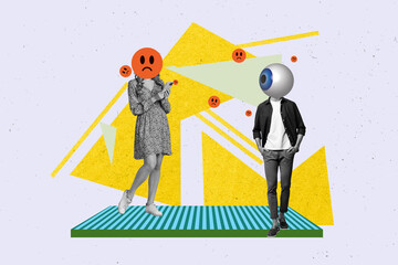 Art image creative photo collage of two anonym girl guy instead head bad emoji eyeball stare...
