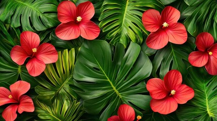 Red Hibiscus Flowers and Lush Tropical Foliage