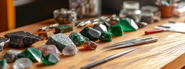 Natural Gemstones and Tools on Wooden Table for Crafting and Design