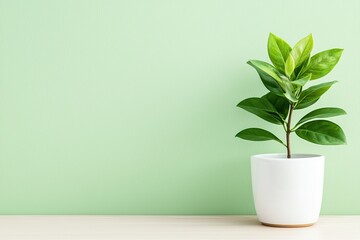 Fototapeta premium A potted plant with vibrant leaves against a textured green wall, adding a touch of nature to interior decor.