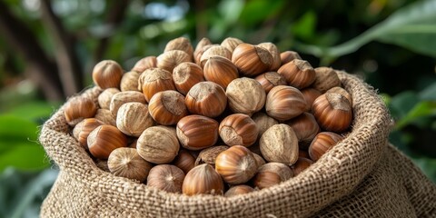 Close Up, Fresh Organic Hazelnuts Piled In Burlap Sack On Farm Background With Copy Space