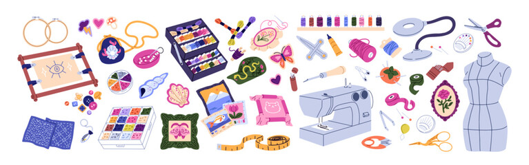 Set of embroidery items. Different tools of seamstress, equipment of dressmaking, craft kits for tailor. Sewing machine, threads, mannequin. Flat isolated vector illustrations on white background