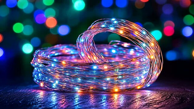 Colorful LED string lights coiled on dark surface, bokeh background, festive decor