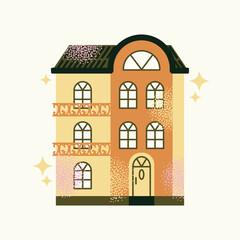 Set urban buildings and shop facades with trees and street lamps isolated on background. Flat vector illustration in cartoon style. Hand drawn city architecture elements. Urban landscape and city