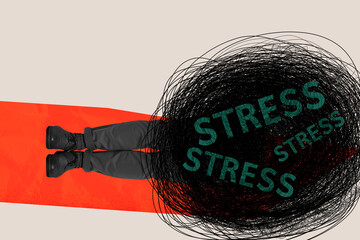 Pop picture collage of person in doodle stress lying on pastel red background