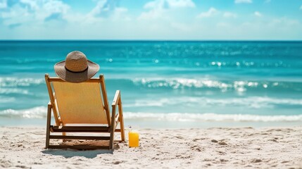 A lone beach chair facing the ocean, with a sunhat resting on the armrest and a cool drink beside it