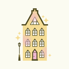 Set urban buildings and shop facades with trees and street lamps isolated on background. Flat vector illustration in cartoon style. Hand drawn city architecture elements. Urban landscape and city