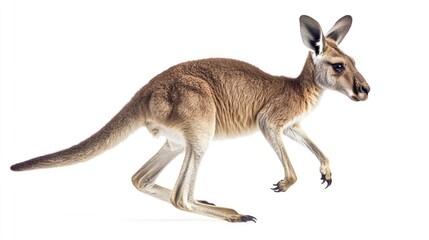 Young Kangaroo in Motion Against White Background. Potential Use Educational, Nature Documentary