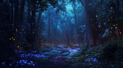 Obraz premium A magical forest glowing with bioluminescent plants and fireflies at twilight