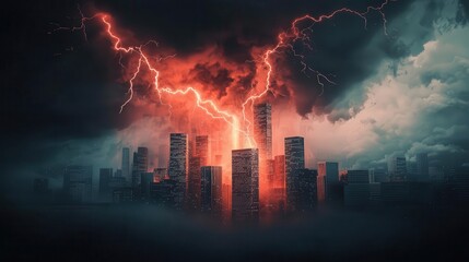 Obraz premium Cybernetic storm over a digital city, glitching holograms and pixelated lightning bolts crashing into skyscrapers