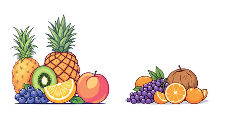 Vsai fresh pineapples, peach, kiwi, and citrus fruits with grapes and coconut creating vibrant and healthy composition