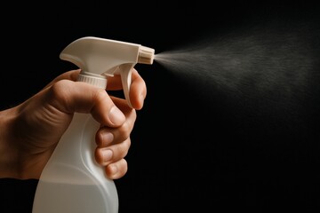 Hand Activating White Plastic Spray Bottle Releasing Fine Mist, Illustrating Cleaning Process or Application of Liquid, Isolated on Black.