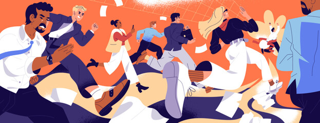Concept of business race. Businessmen and businesswomen run to cross the finish line and win. Rival people in suits are rushing to victory, challenges to get success in job. Flat vector illustration