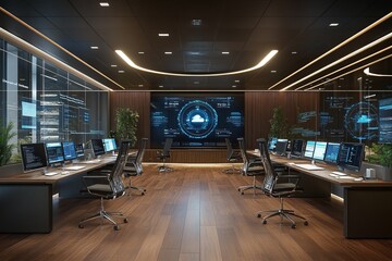 A large room with many computer monitors and chairs. smart office concept.