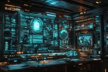 Obraz premium A computer monitor displays a blue circle with a green dot in the center. smart office concept.