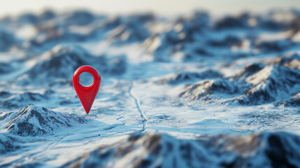 Red map pin placed on snowy mountain terrain with marked trails