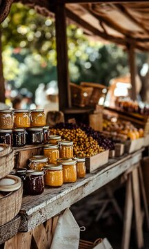 A rustic market stall with jars of homemade jams.