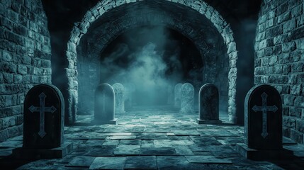 Underground crypt dungeon with foggy air, floating ghostly spirits, and rows of decayed coffins