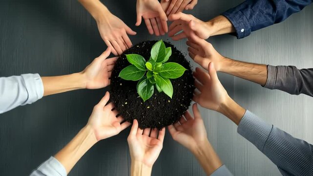 A group people is joining hands support small green plant, symbolizing collective effort , growth. Set against plain background, evokes themes unity , sustainability. Focus environmental care.