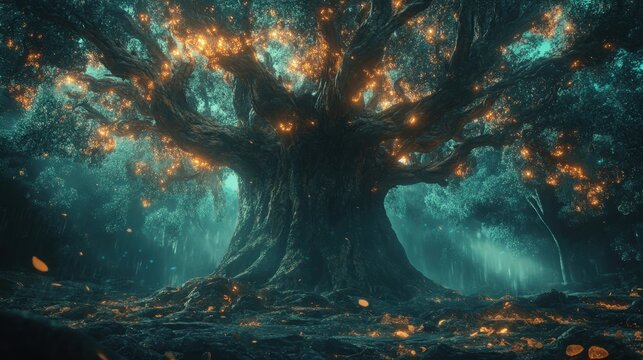 A massive ancient tree with twisted roots and glowing leaves standing in the middle of a mystical forest.