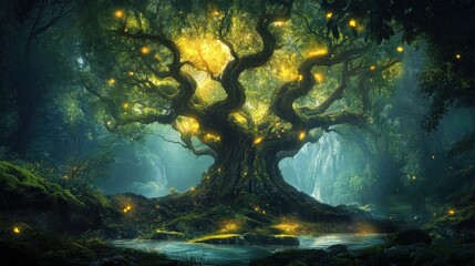 A massive ancient tree with twisted roots and glowing leaves standing in the middle of a mystical forest.