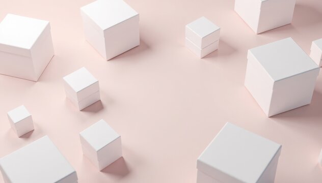 White cube boxes in a scattered layout create a clean and minimalist aesthetic on a plain background, scatter pattern, modern style