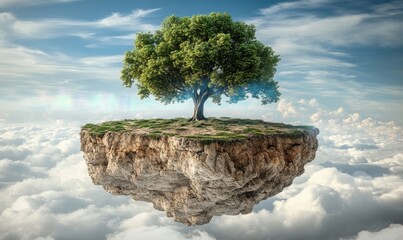 Fototapeta premium Solitary tree on a floating island above clouds; environmental concept; serenity