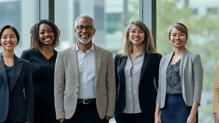 A diverse group of five professionals stands confidently indoors, dressed in business attire. They are smiling, looking directly at the viewer, suggesting a welcoming and collaborative workplace. - Powered by Adobe