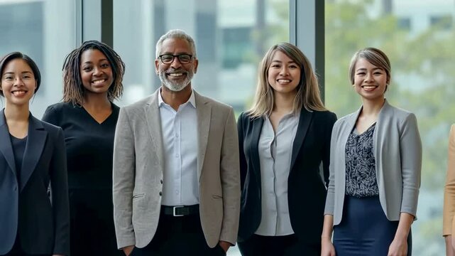 A diverse group of five professionals stands confidently indoors, dressed in business attire. They are smiling, looking directly at the viewer, suggesting a welcoming and collaborative workplace.