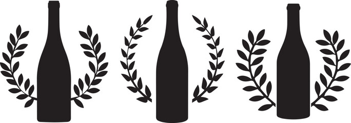Wine bottle silhouette, laurel wreath, minimalist design, black and white illustration, repeating pattern, elegant wine label concept, symmetrical composition, stylized graphic, wine branding element