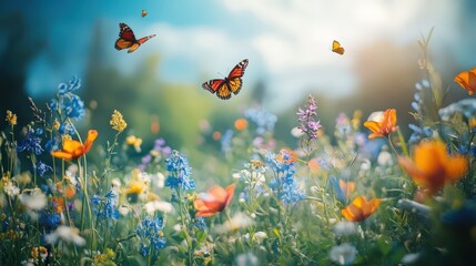 Obraz premium A meadow filled with wildflowers, where butterflies move gracefully with the wind