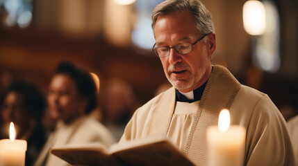 A Minister Leading a Prayerful Congregation in a Church