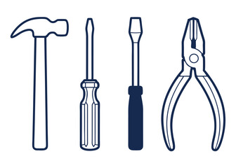 Essential toolkit featuring a hammer, two screwdrivers, and pliers, perfect for DIY projects, repairs, and construction.
