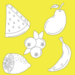 Black & White Fruit Clipart Set: Hand-drawn Fruit Illustrations: Cartoon Fruit Doodles