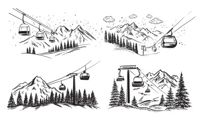 Ski Lift in mountain, Winter, black on white, hand drawn, set Illustration